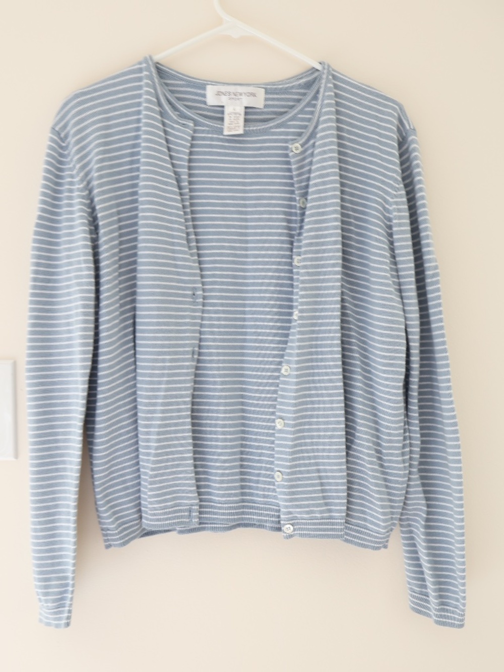 Jones New York 2-Piece Striped Cotton Knit Cardigan Tank Large Blue White Preppy